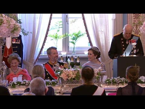 King Harald of Norway pays tribute to danish king and queen as he hosts them to a gala dinner.