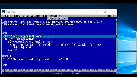 QBASIC program to display vowel letters used in a word,  SUB, FUNCTION and Main Module