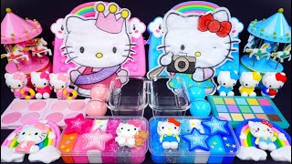 'Hello Kitty Pink VS Blue' Slime. Mixing Makeup into clear slime! ASMR #satisfying #슬라임 (412)