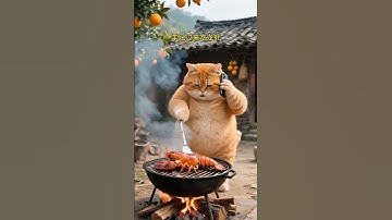 Fat Orange Cat and Shrimp Friend #cat #aicat #fatcat #orangecat #cat2025 #animals