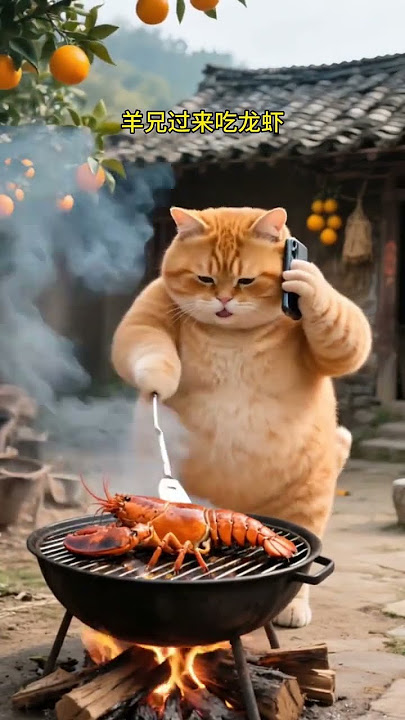 Fat Orange Cat and Shrimp Friend #cat #aicat #fatcat #orangecat #cat2025 #animals