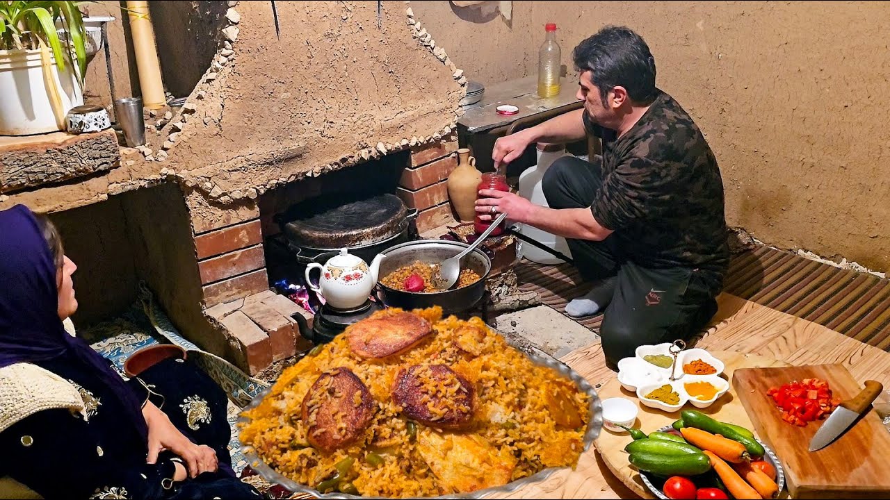 An Iranian rural family prepares pasta in a rustic, traditional home ...