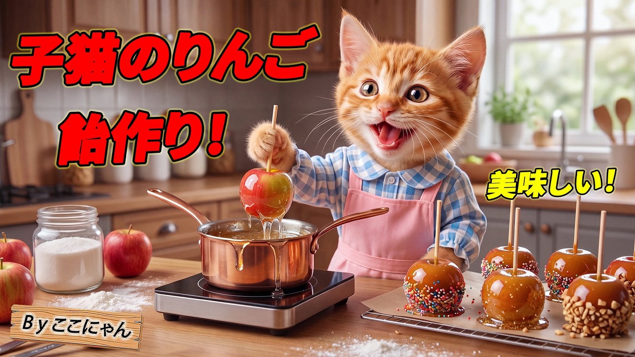 ぐでねこチャンチャーム　りんご×林檎 Heartwarming] Kokonyan sells candy apples at a festival stall for