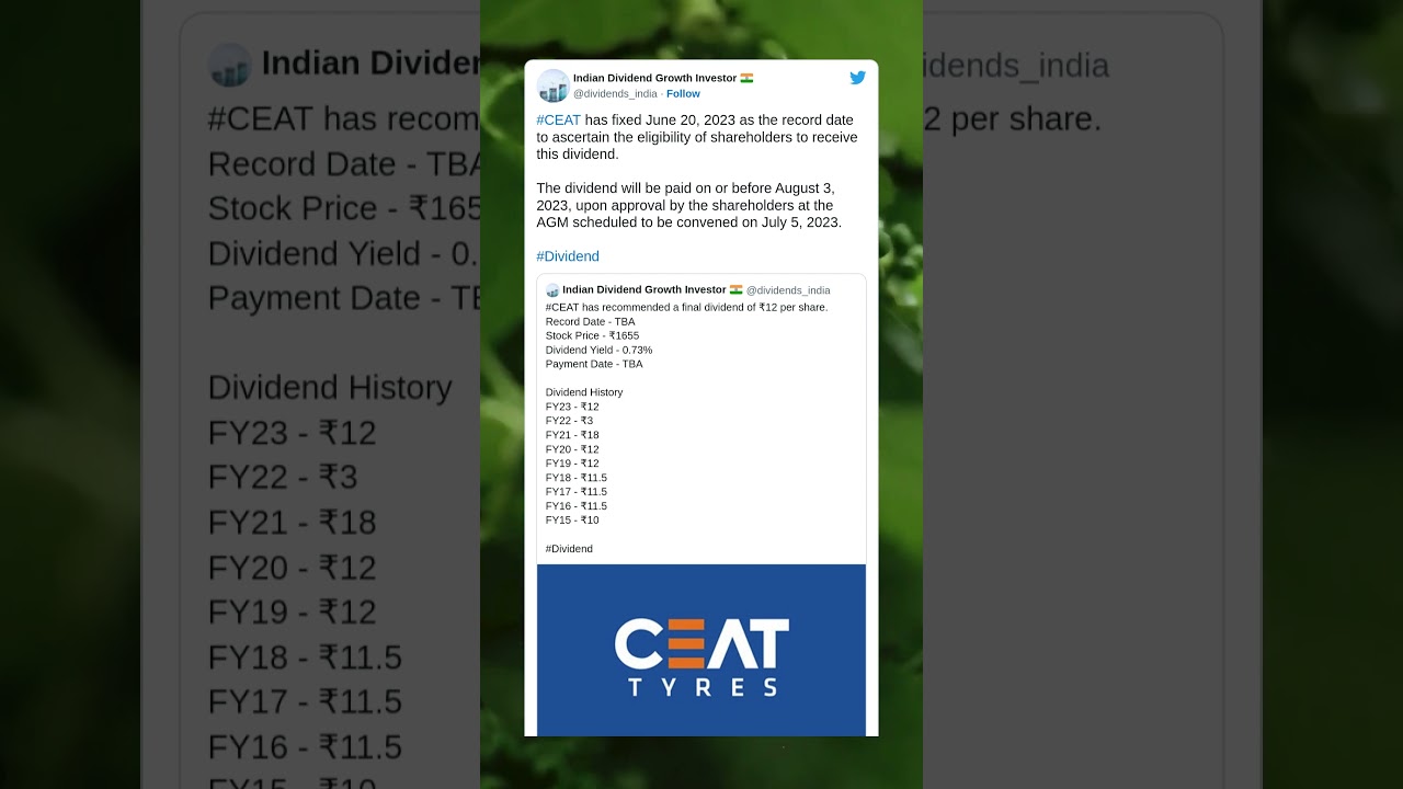 CEAT Tyres Ltd has fixed record date for final dividend. (8 June 2023)