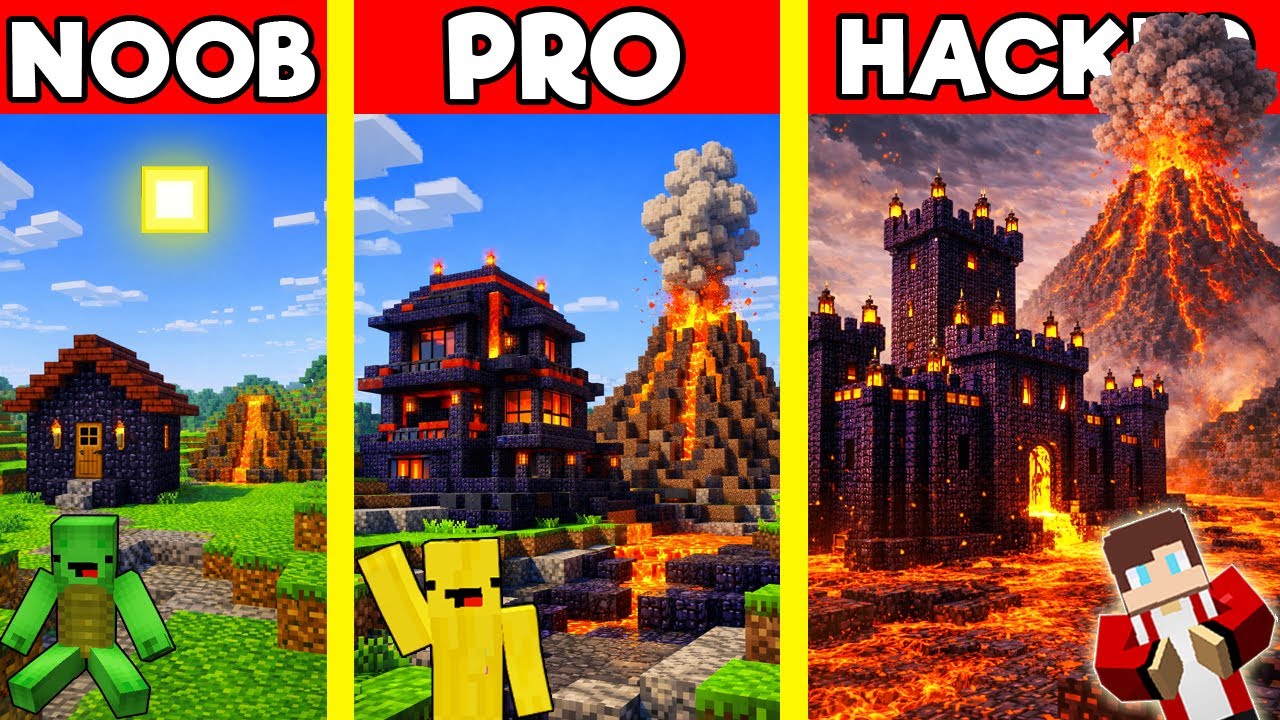 VOLCANO OBSIDIAN MANSION Build Battle In Minecraft - NOOB VS PRO CHALLENGE - Maizen Mazien Parody