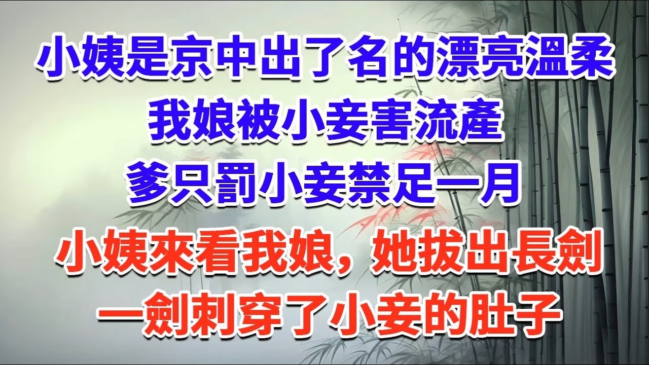 小姨是京中出了名的漂亮溫柔，我娘被小妾害流產，爹只罰小妾禁足一月，小姨來看我娘，她拔出長劍，一劍刺穿了小妾的肚子#一口气看完 #完结爽文#宫墙往事#古言#大女主#甜宠#宫斗