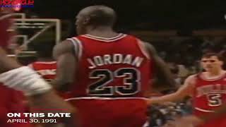 Michael Jordan dunks a one handed hammer on Patrick Ewing 1991 NBA Playoffs