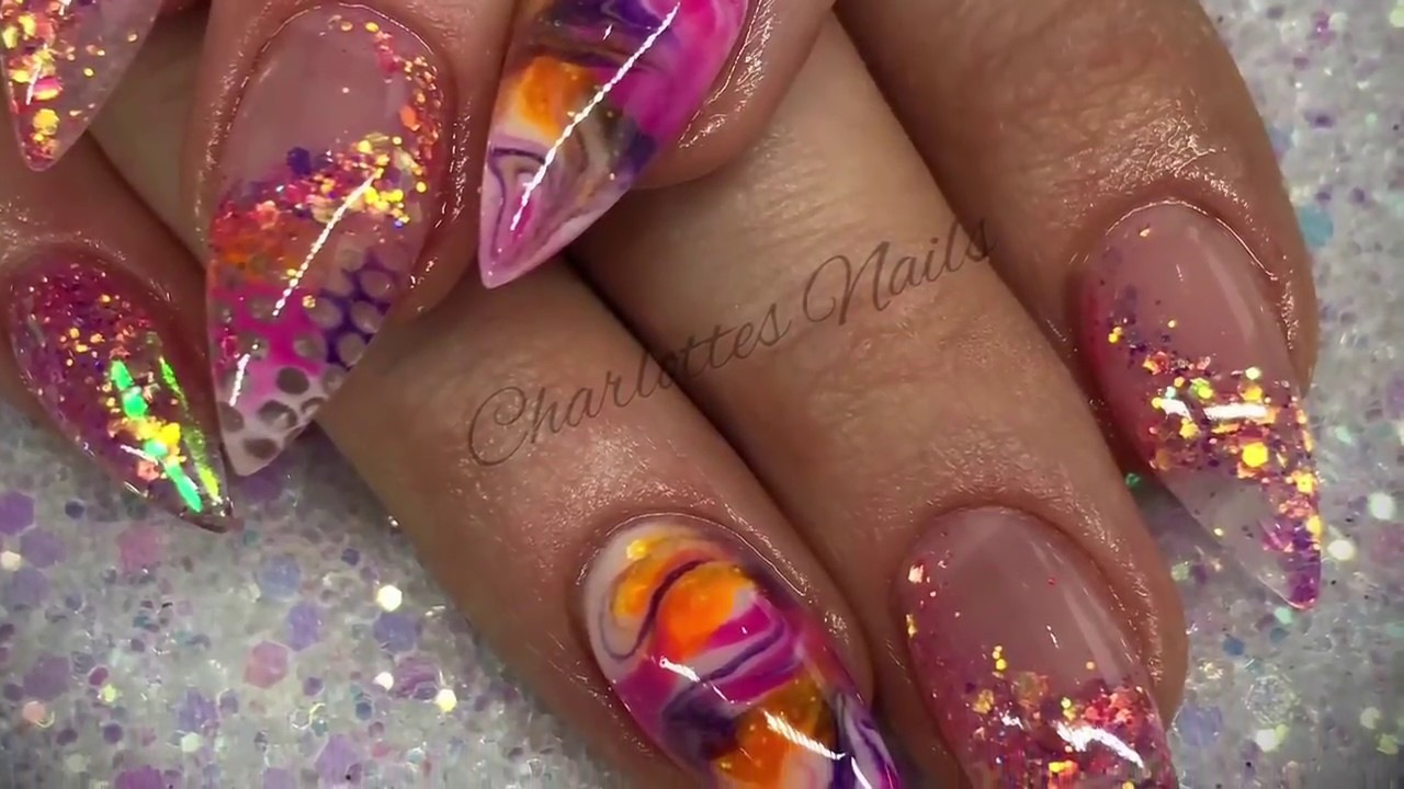 Acrylic Nails Coloured Design With Glitter Youtube Acrylic Nails Coloured Design With Glitter Youtube