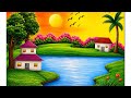 Easy Village Sunset Scenery Drawing with Beautiful House, Tree & River | Nature Drawing step by step