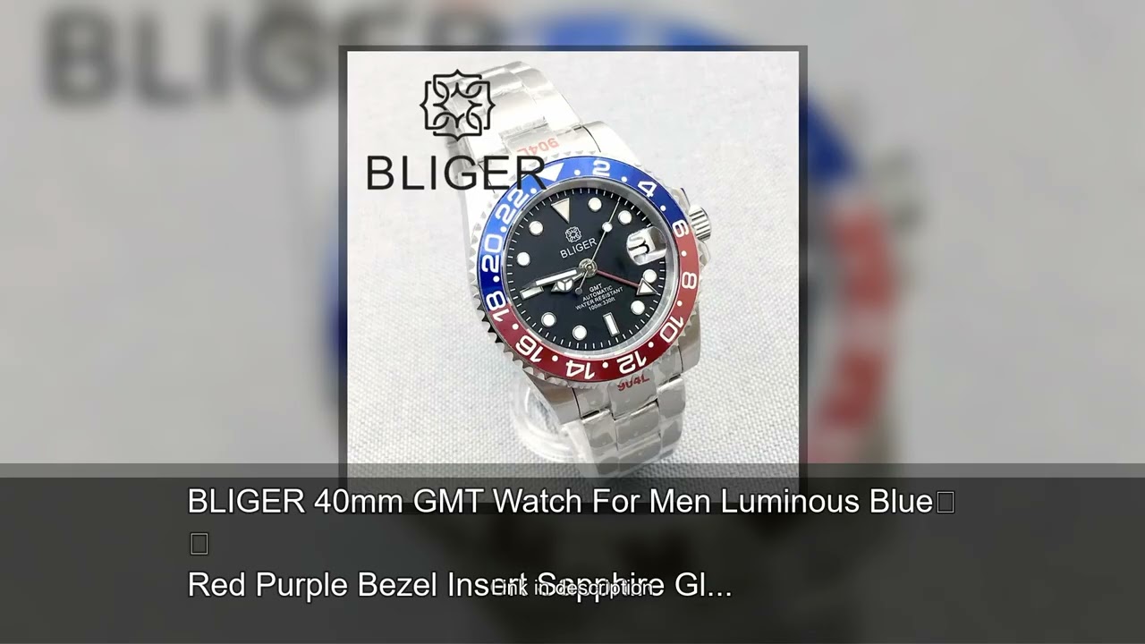 BLIGER 40mm GMT Watch For Men Luminous Blue Red Purple Bezel Insert Sapphire Glass Stainless St