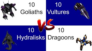 10 Hydralisks vs 10 Dragoons vs 10 Goliaths vs 10 Vultures