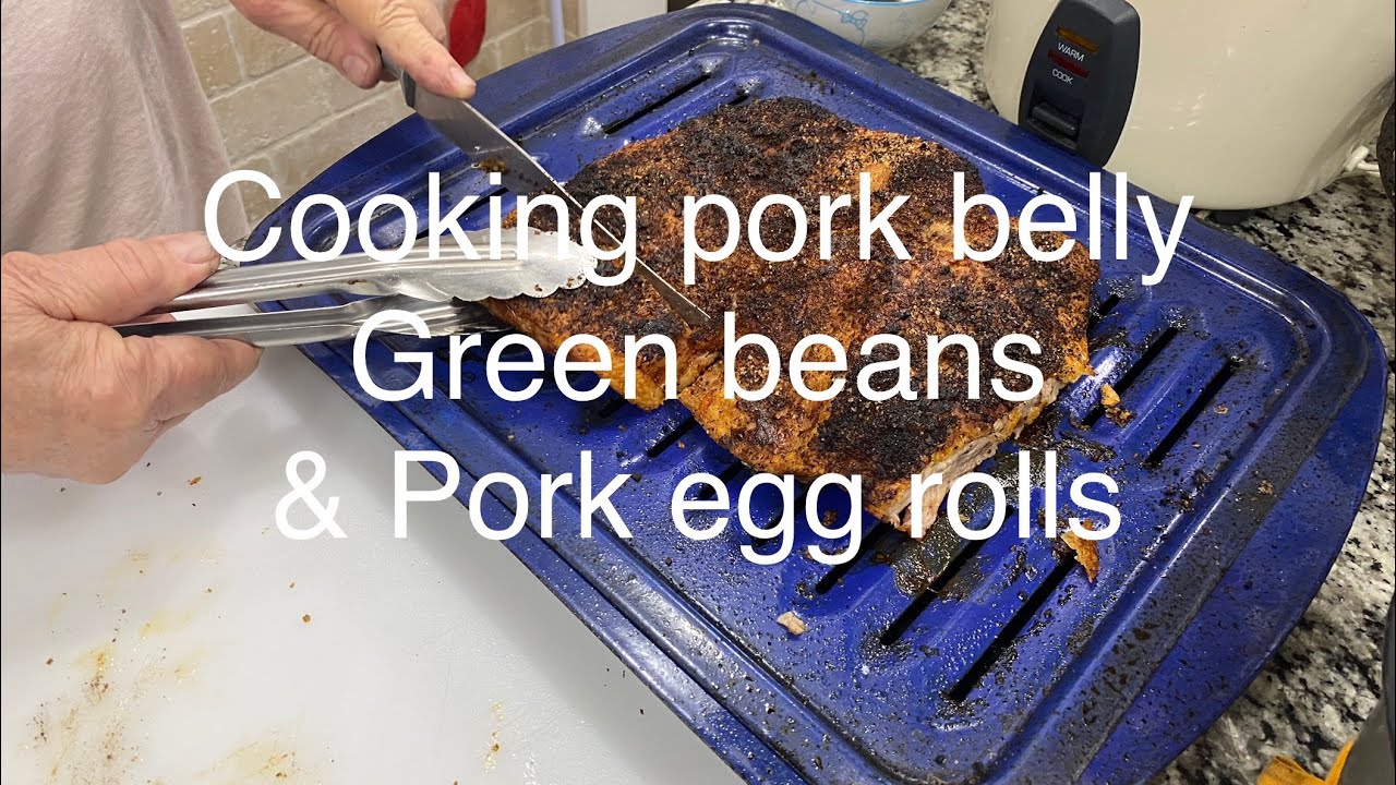 Cooking pork belly, green beans with ginger teriyaki, and pork egg
