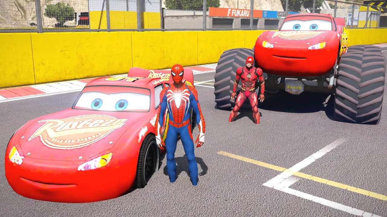 El rayo McQueen vs Monster McQueen en carrera con el hombre araña y los  héroes - Disney pixar cars - YouTube