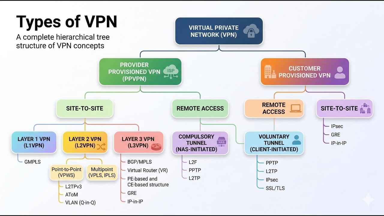 Vpn Types Tree Types of VPN Full Explained 🔥 | L2VPN, L3VPN, IPsec, SSL VPN in Hindi ...