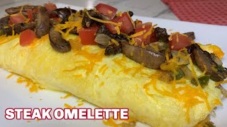 Fully Loaded World Famous IHOP's Big Steak Omelette With Mushroom, Harsh Brown, Pepper, \u0026 Cheese Yum