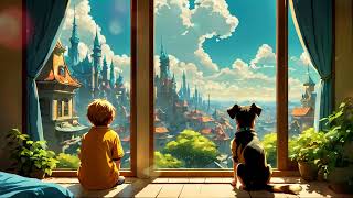 Zen Vibes: Lofi Chill Yoga Session with Boy and Dog in a Fantasy Cityscape