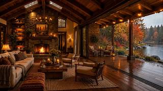 Peaceful Fireplace Cabin Jazz 🔥📚 Cozy Autumn Ambience with Rain Sounds for Deep Focus and Work