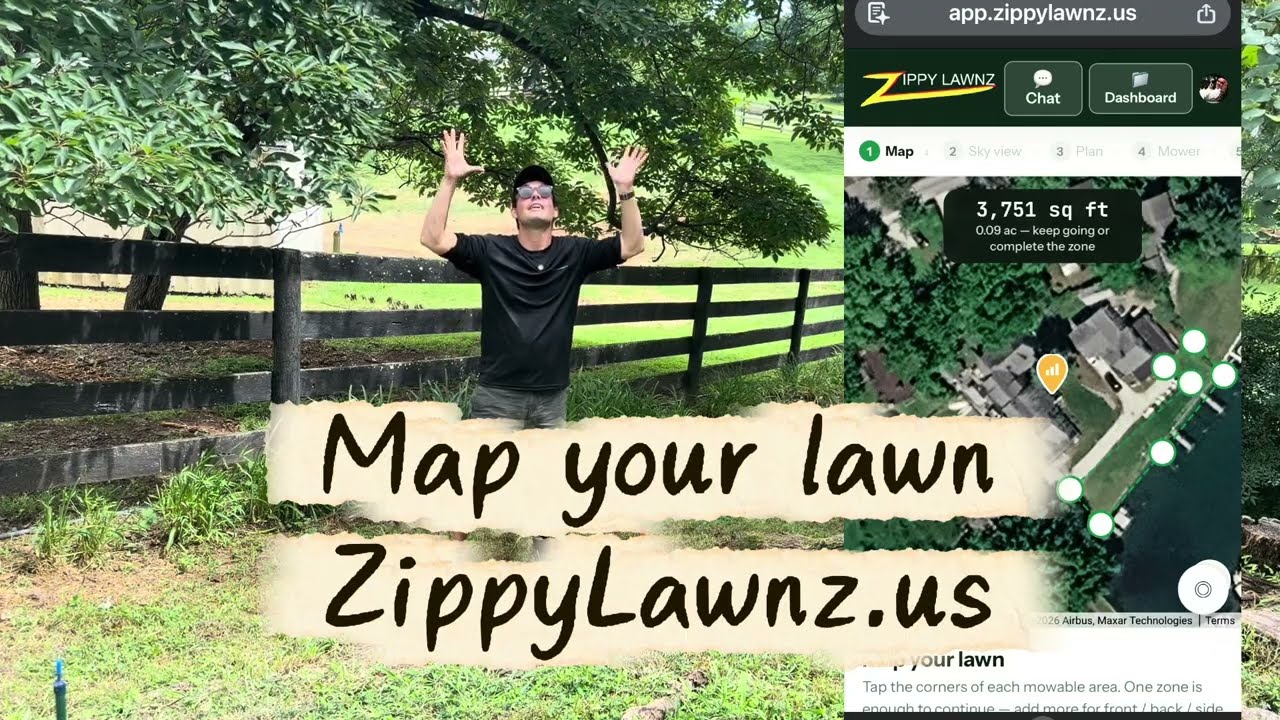The Zippy Lawnz installer beside a black paddock fence on a Virginia farm, next to the ZippyLawnz.us map-your-lawn app measuring a property