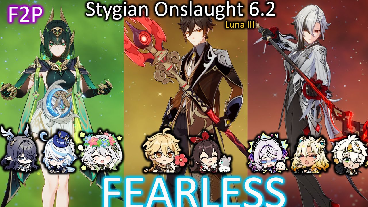 [Stygian Onslaught 6.2/Luna III/ F2P Guide] C0 Nefer x C0 Zhongli x C0 Arlecchino | Fearless Diff 5