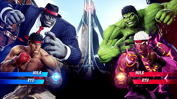 Hulk & Ryu vs Green Hulk & Evil Ryu (Very Hard) - Marvel vs Capcom | 4K UHD Gameplay