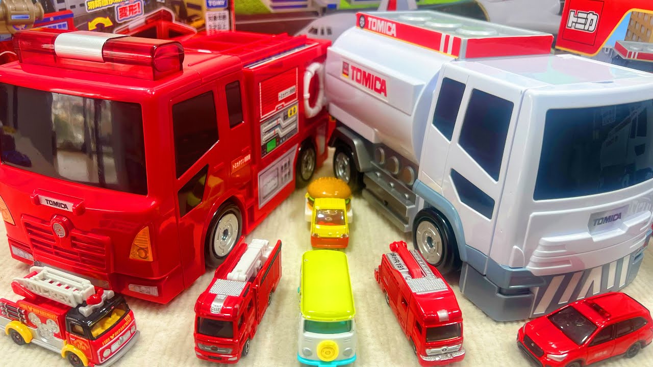 トミカ 変形消防車＆変形ガソリンスタンドカー セットTomica Transforming Fire Truck Set Collection ASMR Satisfying withUnboxing