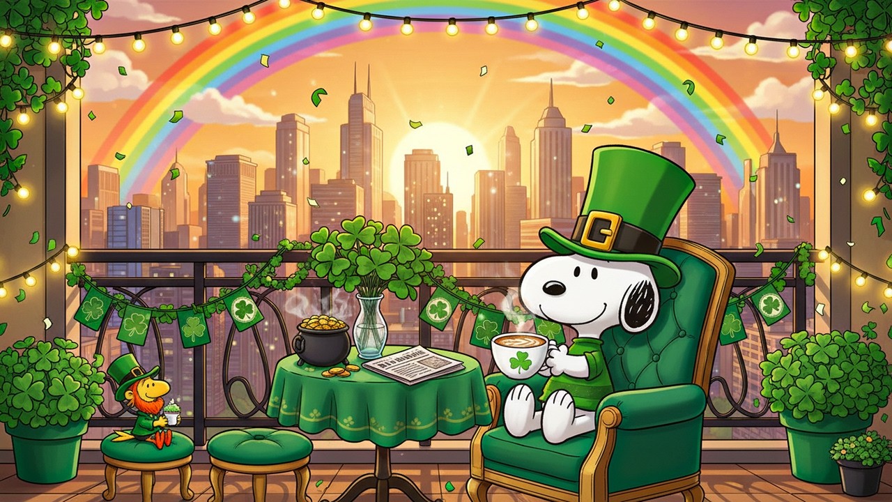 Lucky Sunset Balcony Lofi 🌈☘️Snoopy’s St. Patrick’s Rainbow View | Soft Lofi Beats for Relax & Study