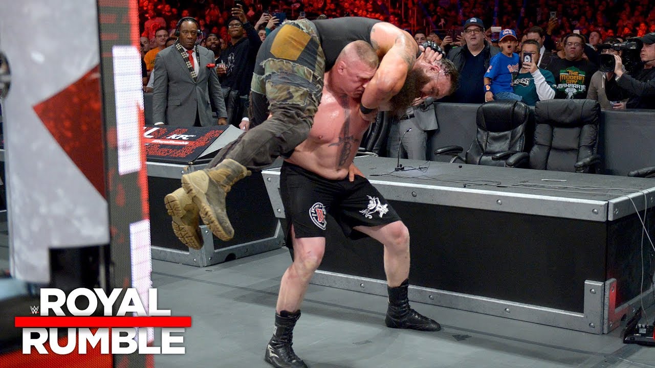 Brock Lesnar puts Braun Strowman through the announce table: Royal Rumble 2018 (WWE Network)