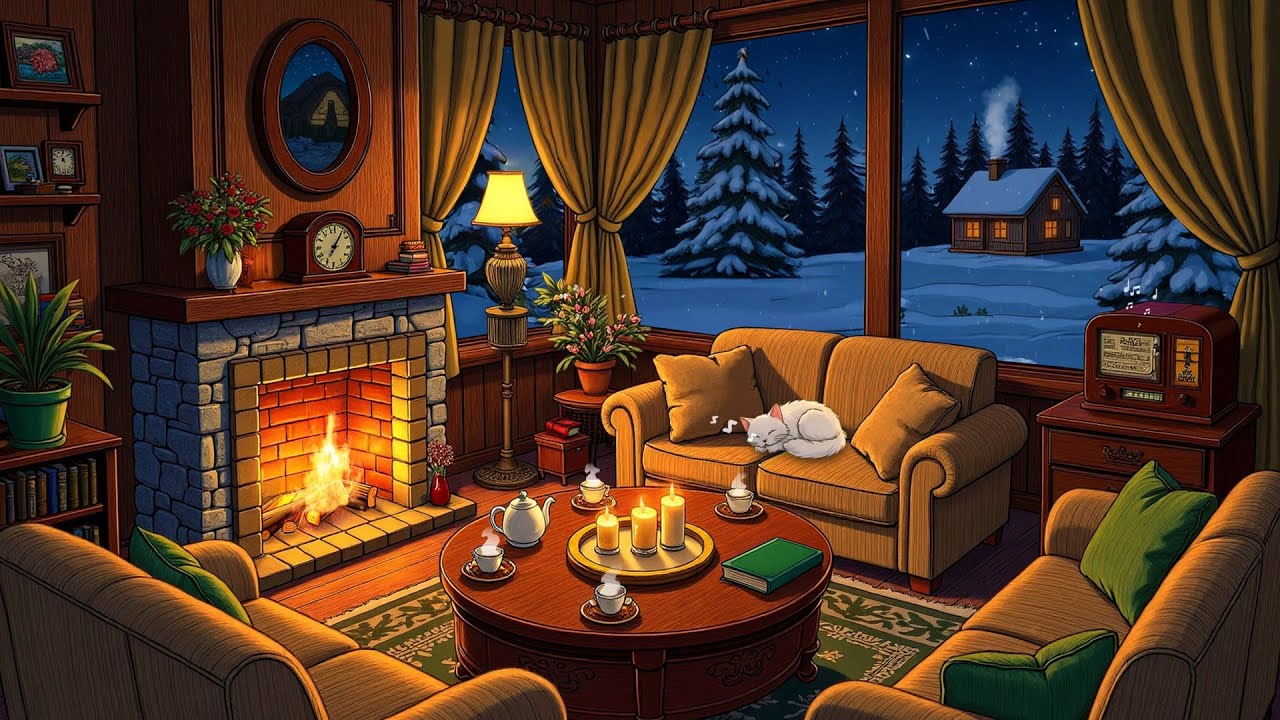 Vintage Oldies with Cozy Winter Night by the Fireplace Playing in Another Room | Cozy Vintage Music