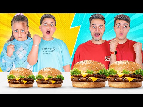 تحدي أكل فريق الكبار  فريق الصغار مين تعاقب بالآخر برجر بطاطا