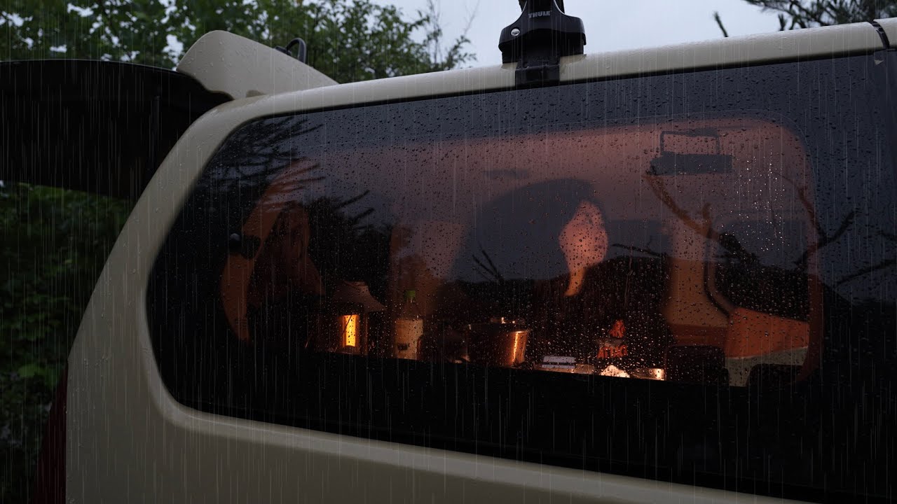 [4K] ☔️Сильный ливень в кемпинге • Шум дождя слышен в машине