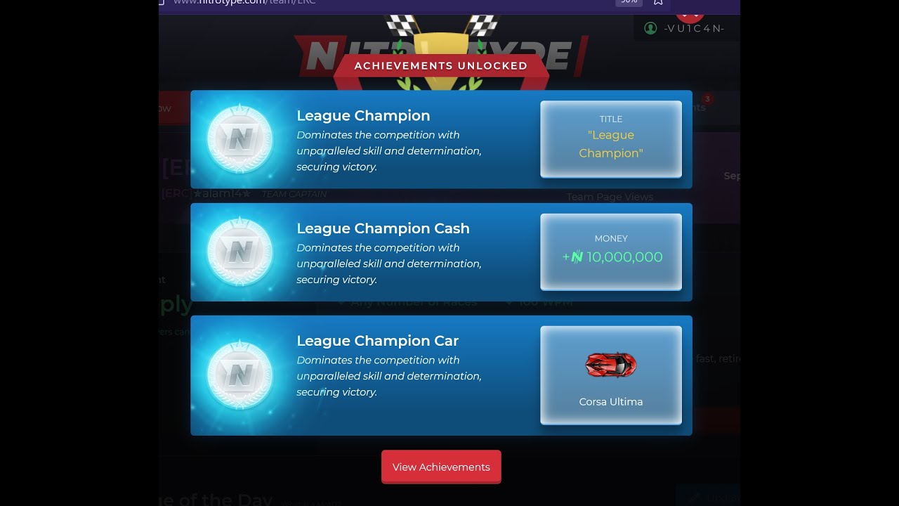 Collecting LEAGUE CHAMPION REWARDS (in nitrotype)