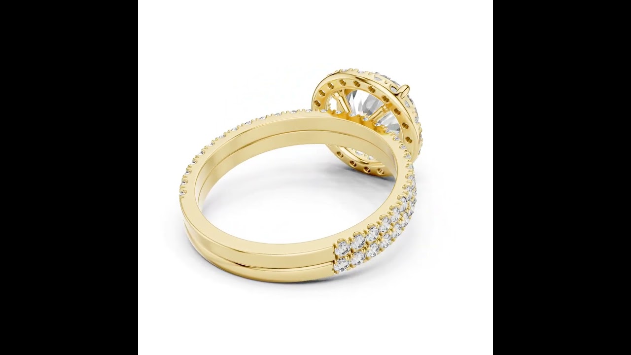 Round Diamond Halo Double Row Pave Band Ring Set