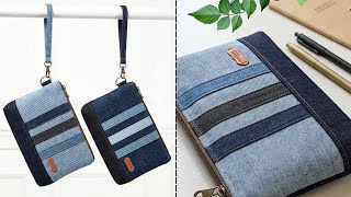 🌿DIY Daily Essentials Upcycled Denim Wristlet Bag Out of Old Jeans Fabric Scraps 🌱 Bag Tutorial 🍃