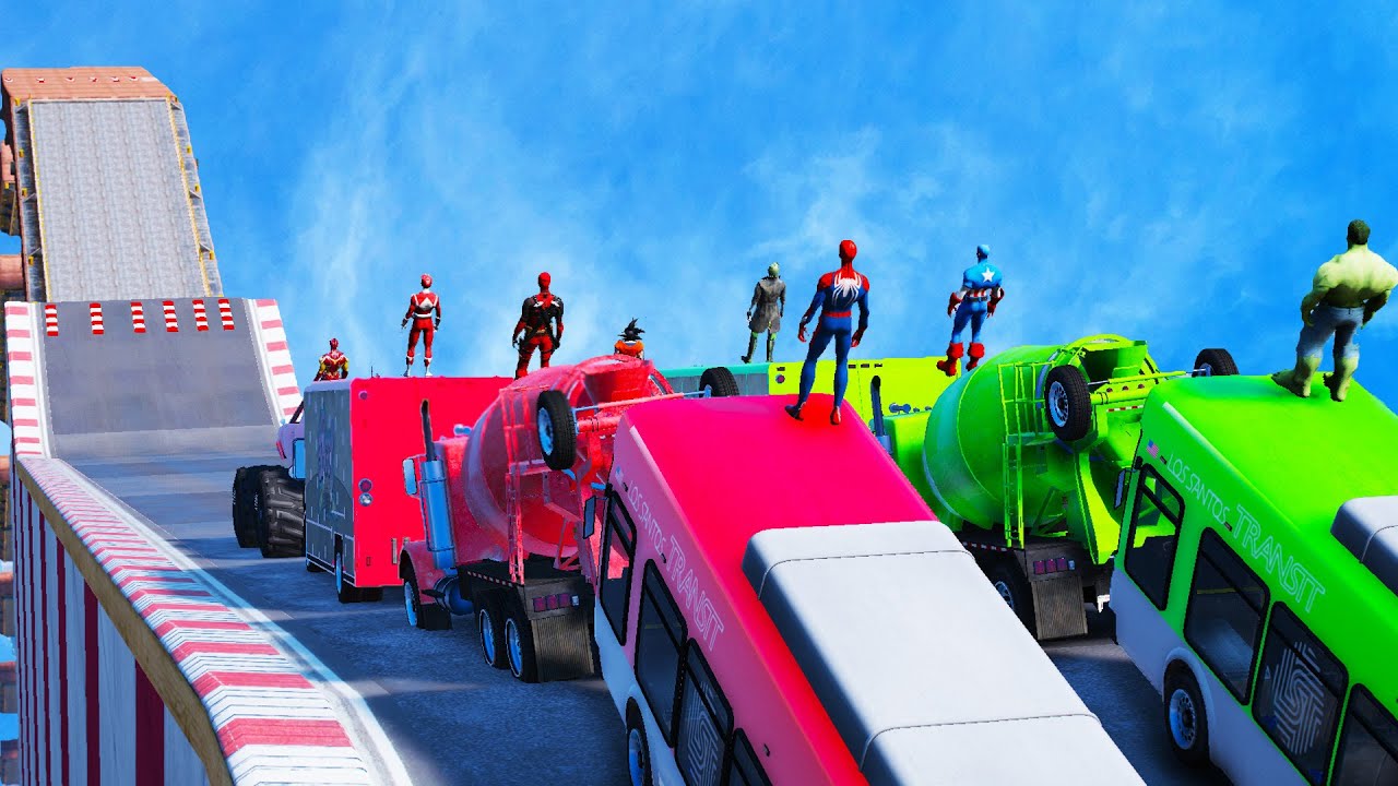 Superhero Mega Ramp Bus Challenge – Spider-Man, Hulk, and Friends! 🔥