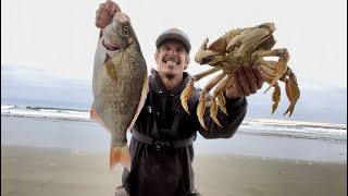 Surf Perch Fishing REDTAIL Surf Perch and DUNGENESS Crab - HOW I FIND & CATCH SURF PERCH