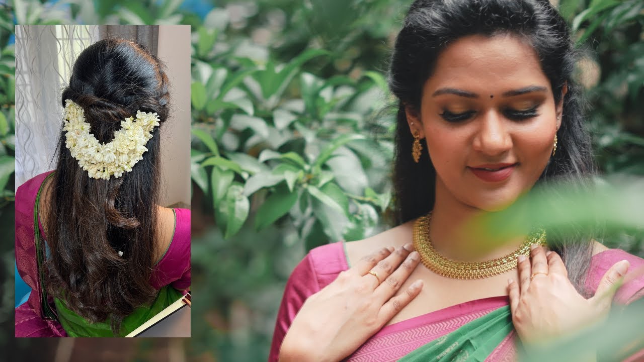 Hairstyle for Saree with flowers - YouTube