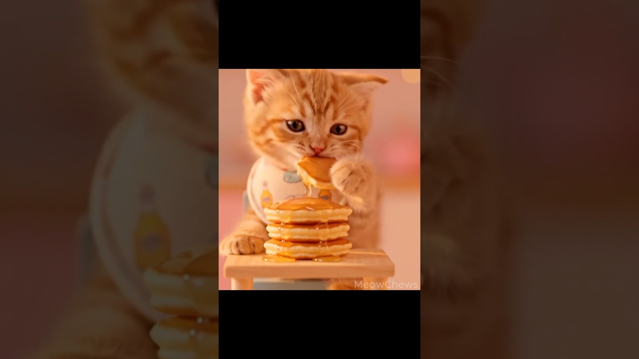 ASMR Kitten Eats Mini Pancakes with Syrup with Tiny Paws | Ultra Cute Close-Up 
