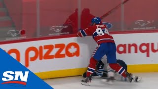 Corey Perry Lays Heavy Cross Check On Dylan DeMelo Leading To Heated Exchange With Logan Stanley