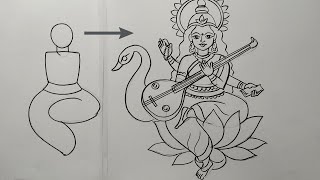 how to draw saraswati devi,maa saraswati ful figer drawing,line art maa saraswati thakur ,