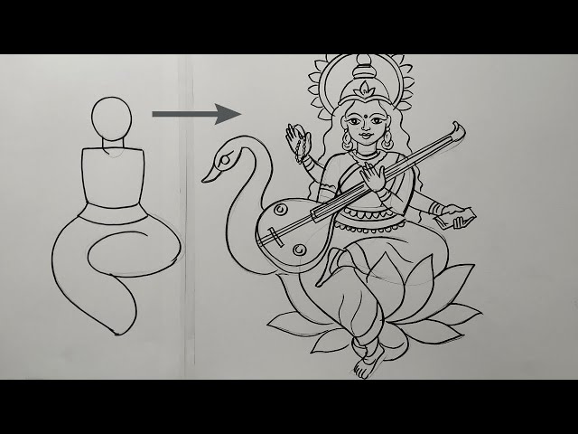 Saraswati Drawing Easy | How To Draw Maa Saraswati From Dots | Maa Saraswati  Drawing - YouTube