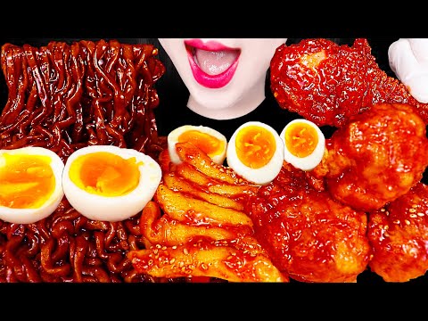 ASMR Fried <strong>Chicken</strong>, Noodles, Fried Rice <strong>Cake</strong> 처갓집 양념 치킨, 짜파게티, 떡꼬치 먹방 Mukbang, Eating