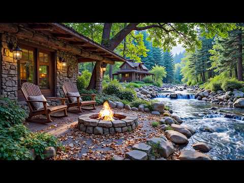 The Water Keeps Flowing Beside the Forest Cabin🌿Gentle Piano, Fire Pit, Birds Chirping & Flow River