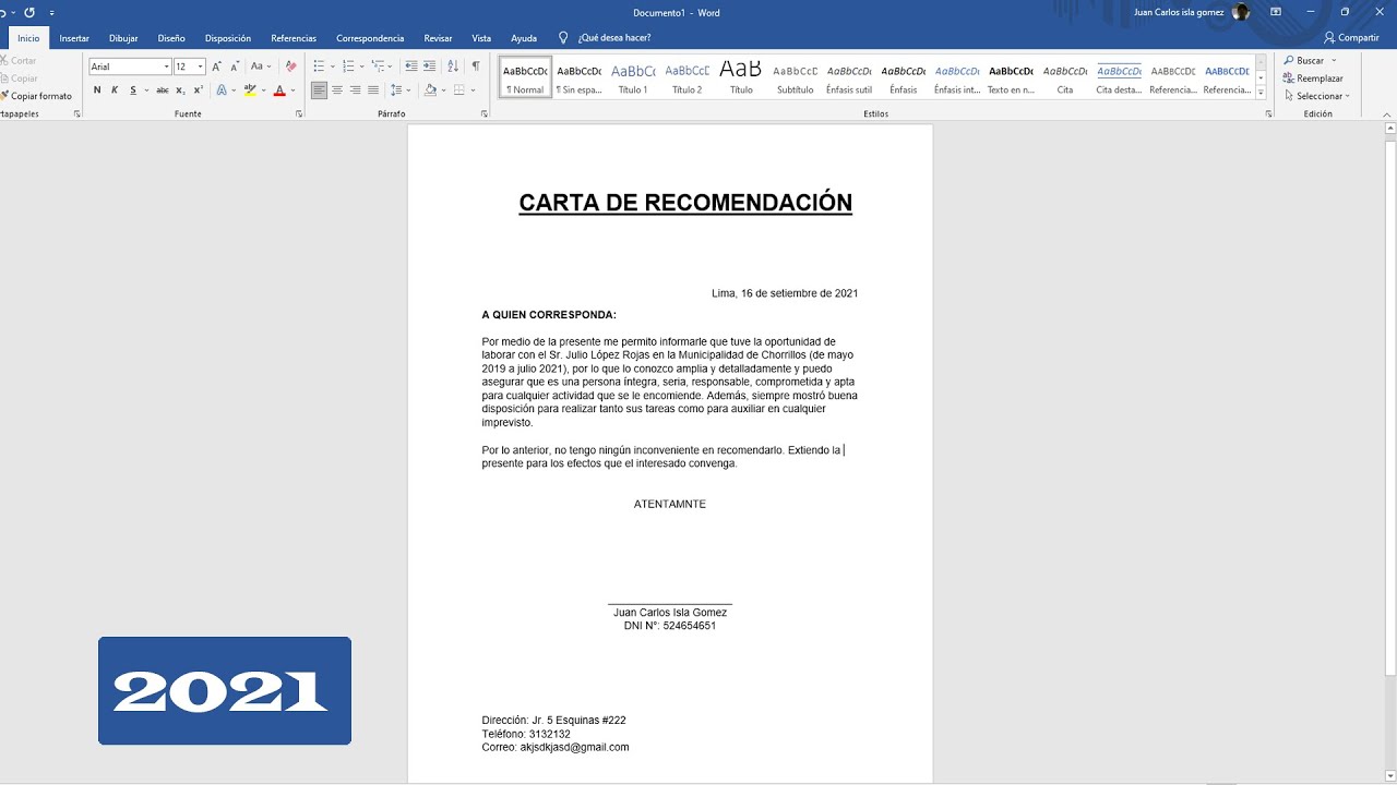 Como hacer una Carta de Recomendación en WORD 2021 - YouTube