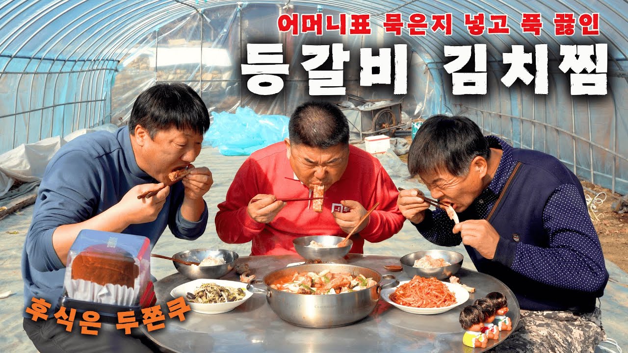 [시골먹방] 묵은지를 통째로 넣어 푹 끓인 등갈비김치찜 후식은 두쫀쿠 먹방 [Braised Pork Galbi with Kimchi & Dubai Chewy Cookies]