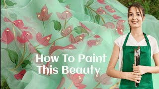 😍HANDPAINTED ORGANZA SAREE ! Bourgainvilleas on Mint Organza Saree |TUTORIAL| How To Paint Saree 🎨🖌️