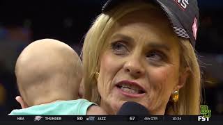 Coach kim mulkey chats with brenda vanlengen following the lady bears
10th big 12 tournament championship title.