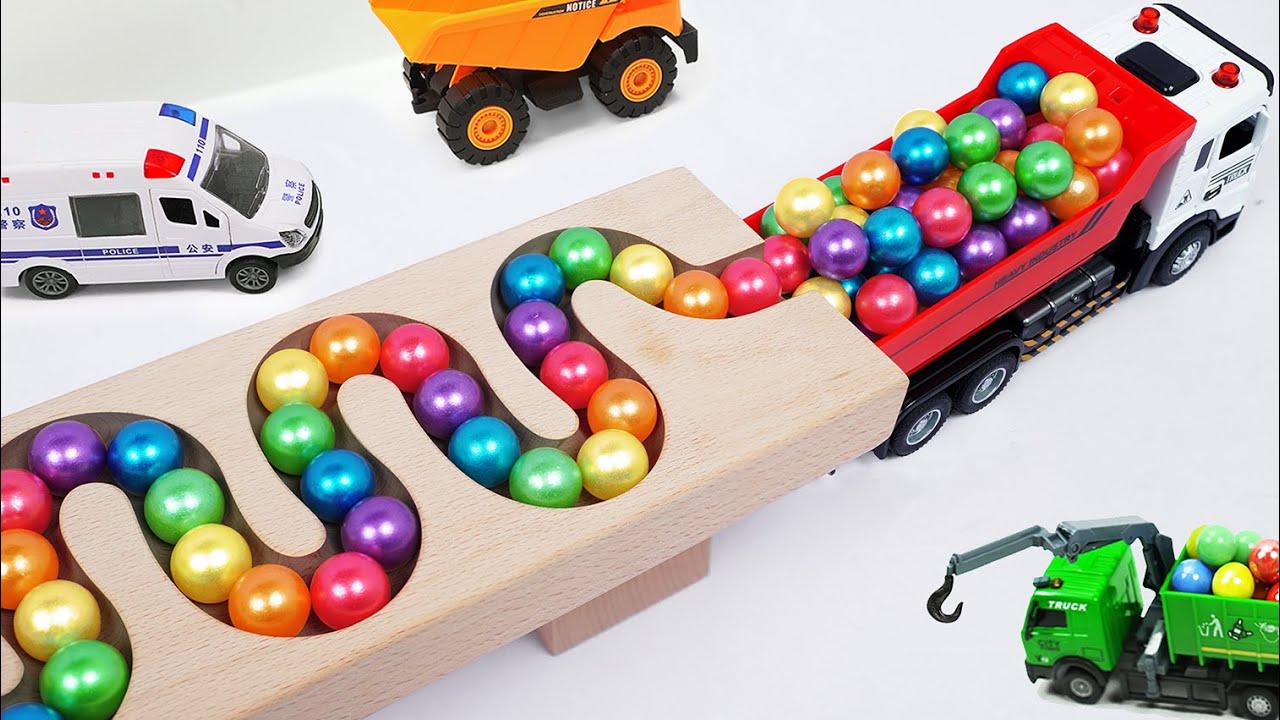 Marble Run Race ☆ HABA Slope & Retro Makita Truck, Excavator, Garbage Truck, Dump Truck, Ambulances