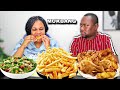 Couple eating mukbang  fries with salad and turkey wing mukbang