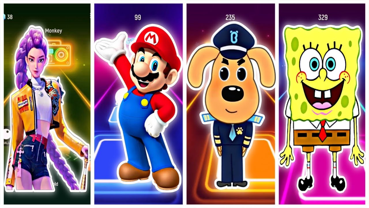Tiles hop dansing. K-POP demon hunters VS Super mario VS sheriff labrador VS spongebob.Who is better