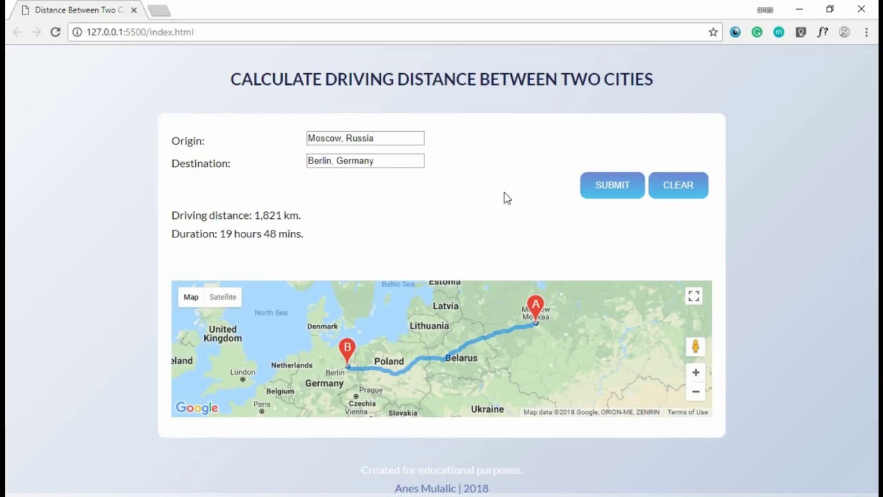 distance and travel time calculator google maps api